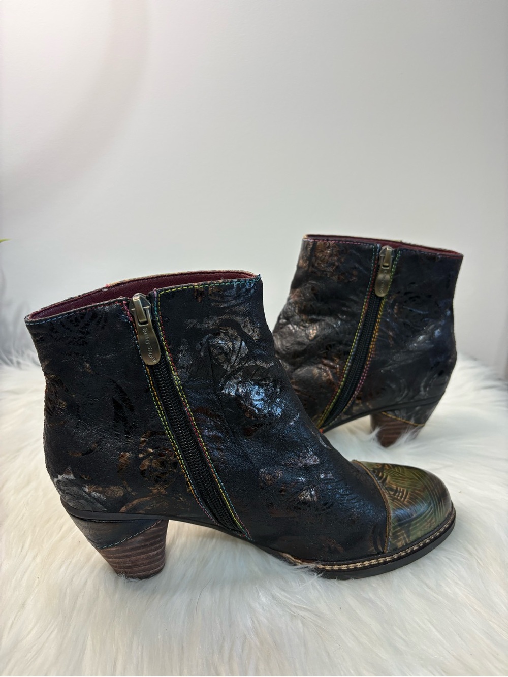 Women's Black Leather Ankle Booties with Olive-Patterned Toe - Picture 9 of 11